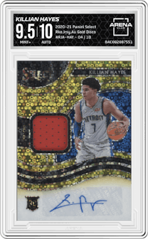 Killian Hayes from the 2020-21 Panini Select  set featuring a Gold Disco parallel graded by Arena Club and given an overall grade of 9.5.