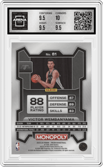 Victor Wembanyama from the 2023-24 Panini Prizm Monopoly set graded by Arena Club and given an overall grade of 10.