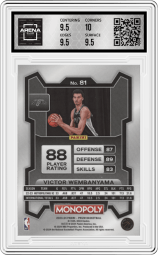 Victor Wembanyama from the 2023-24 Panini Prizm Monopoly set graded by Arena Club and given an overall grade of 10.