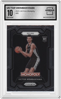 Victor Wembanyama from the 2023-24 Panini Prizm Monopoly set graded by Arena Club and given an overall grade of 10.
