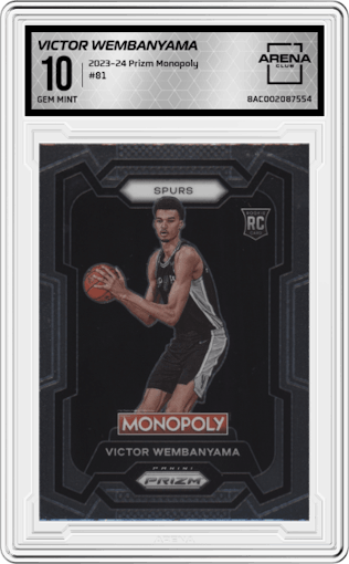 Victor Wembanyama from the 2023-24 Panini Prizm Monopoly set graded by Arena Club and given an overall grade of 10.