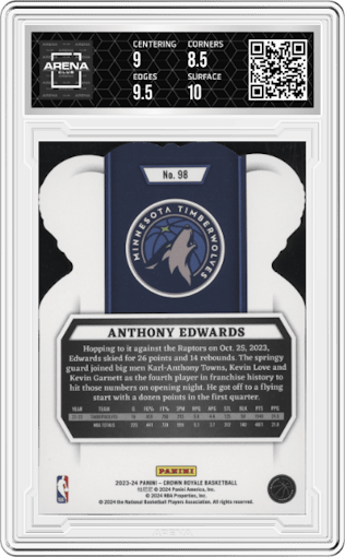 Anthony Edwards from the 2023-24 Panini Crown Royale  set graded by Arena Club and given an overall grade of 9.