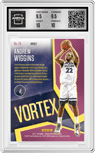 Andrew Wiggins from the 2017-18 Panini Revolution set featuring a Impact parallel graded by Arena Club and given an overall grade of 10.