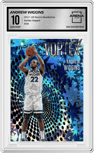 Andrew Wiggins from the 2017-18 Panini Revolution set featuring a Impact parallel graded by Arena Club and given an overall grade of 10.