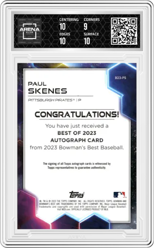Paul Skenes from the 2023 Bowman's Best set featuring a Gold Lava parallel graded by Arena Club and given an overall grade of 9.5.