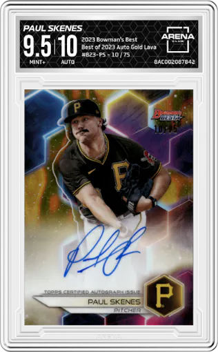 Paul Skenes from the 2023 Bowman's Best set featuring a Gold Lava parallel graded by Arena Club and given an overall grade of 9.5.