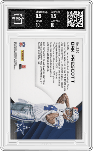 Dak Prescott from the 2016 Panini Certified set featuring a Orange parallel graded by Arena Club and given an overall grade of 9.