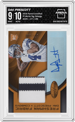 Dak Prescott from the 2016 Panini Certified set featuring a Orange parallel graded by Arena Club and given an overall grade of 9.