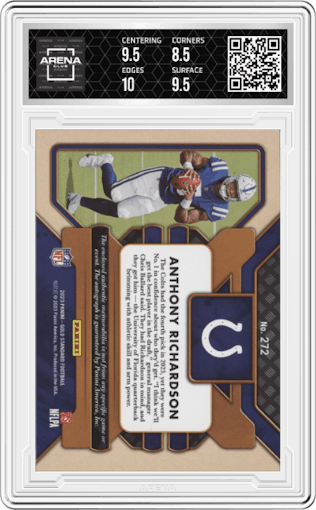 Anthony Richardson from the 2023 Panini Gold Standard set graded by Arena Club and given an overall grade of 9.