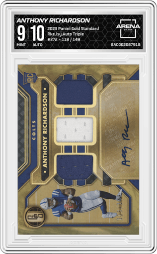 Anthony Richardson from the 2023 Panini Gold Standard set graded by Arena Club and given an overall grade of 9.