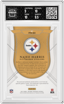 Najee Harris from the 2021 Panini National Treasures set featuring a Silver Holo parallel graded by Arena Club and given an overall grade of 9.5.