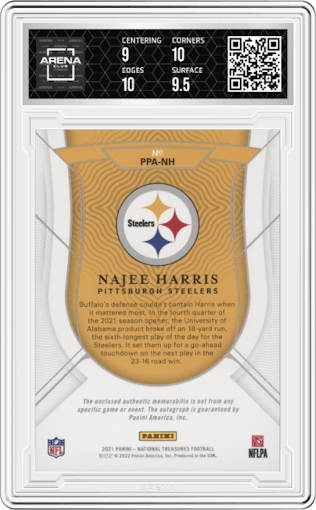Najee Harris from the 2021 Panini National Treasures set featuring a Silver Holo parallel graded by Arena Club and given an overall grade of 9.5.