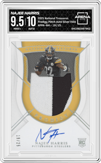 Najee Harris from the 2021 Panini National Treasures set featuring a Silver Holo parallel graded by Arena Club and given an overall grade of 9.5.
