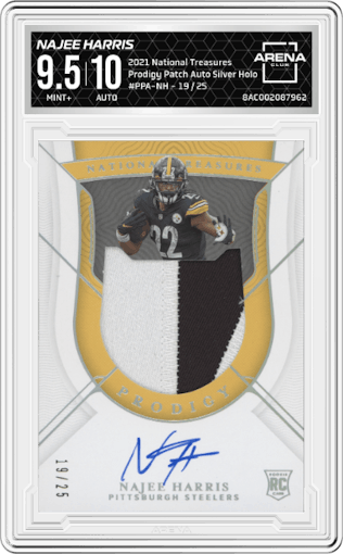 Najee Harris from the 2021 Panini National Treasures set featuring a Silver Holo parallel graded by Arena Club and given an overall grade of 9.5.