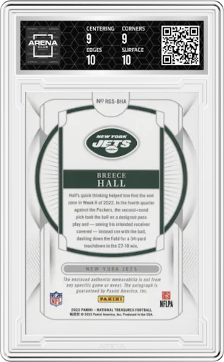 Breece Hall from the 2022 Panini National Treasures set featuring a Purple  parallel graded by Arena Club and given an overall grade of 9.5.