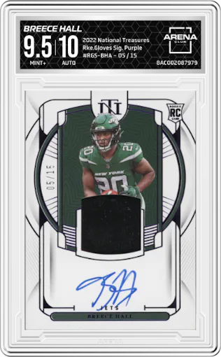 Breece Hall from the 2022 Panini National Treasures set featuring a Purple  parallel graded by Arena Club and given an overall grade of 9.5.