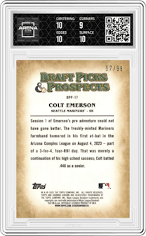 Colt Emerson from the 2023 Bowman Draft set featuring a Green Refractor parallel graded by Arena Club and given an overall grade of 9.5.