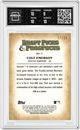 Colt Emerson from the 2023 Bowman Draft set featuring a Green Refractor parallel graded by Arena Club and given an overall grade of 9.5.