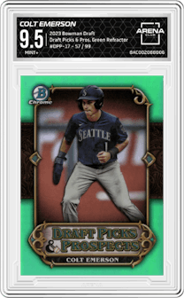 Colt Emerson from the 2023 Bowman Draft set featuring a Green Refractor parallel graded by Arena Club and given an overall grade of 9.5.
