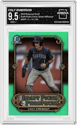 Colt Emerson from the 2023 Bowman Draft set featuring a Green Refractor parallel graded by Arena Club and given an overall grade of 9.5.