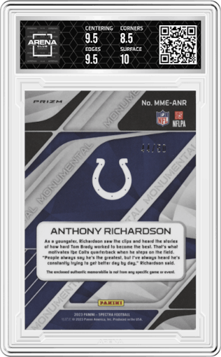 Anthony Richardson from the 2023 Panini Spectra set featuring a Neon Blue parallel graded by Arena Club and given an overall grade of 9.