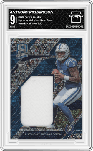 Anthony Richardson from the 2023 Panini Spectra set featuring a Neon Blue parallel graded by Arena Club and given an overall grade of 9.