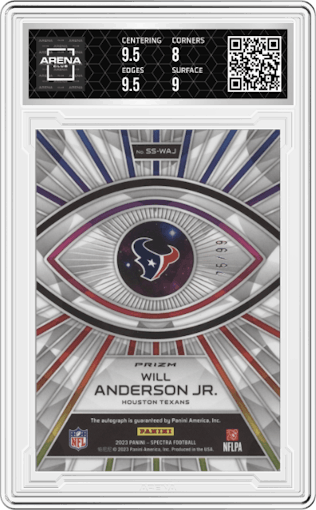 Will Anderson Jr. from the 2023 Panini Spectra set featuring a Celestial parallel graded by Arena Club and given an overall grade of 8.5.