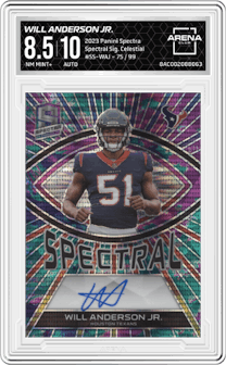 Will Anderson Jr. from the 2023 Panini Spectra set featuring a Celestial parallel graded by Arena Club and given an overall grade of 8.5.