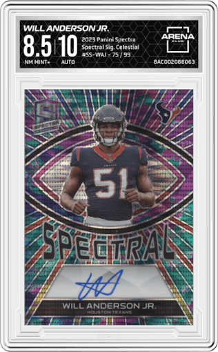 Will Anderson Jr. from the 2023 Panini Spectra set featuring a Celestial parallel graded by Arena Club and given an overall grade of 8.5.