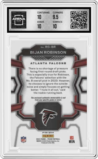 Bijan Robinson from the 2023 Panini Prizm set featuring a Neon Green Pulsar parallel graded by Arena Club and given an overall grade of 10.