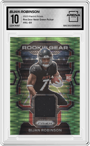 Bijan Robinson from the 2023 Panini Prizm set featuring a Neon Green Pulsar parallel graded by Arena Club and given an overall grade of 10.