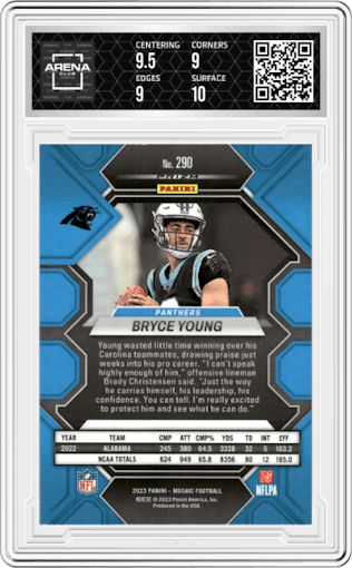 Bryce Young  from the 2023 Panini Mosaic set featuring a Silver parallel graded by Arena Club and given an overall grade of 9.5.