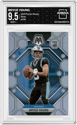 Bryce Young  from the 2023 Panini Mosaic set featuring a Silver parallel graded by Arena Club and given an overall grade of 9.5.