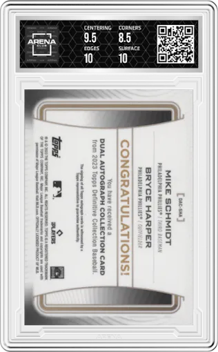 Mike Schmidt/Bryce Harper from the 2023 Topps Definitive Collection set featuring a Green parallel graded by Arena Club and given an overall grade of 9.
