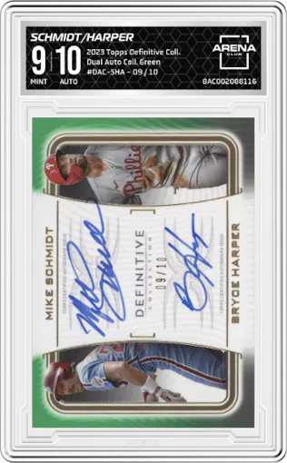 Mike Schmidt/Bryce Harper from the 2023 Topps Definitive Collection set featuring a Green parallel graded by Arena Club and given an overall grade of 9.