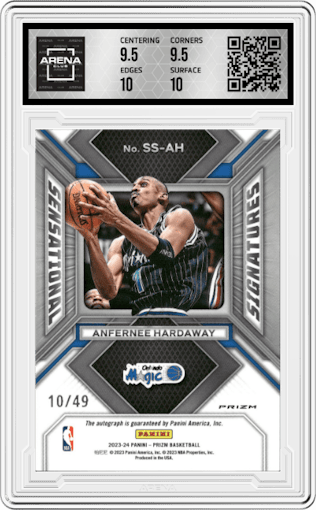 Anfernee Hardaway from the 2023-24 Panini Prizm set featuring a Choice Blue parallel graded by Arena Club and given an overall grade of 10.
