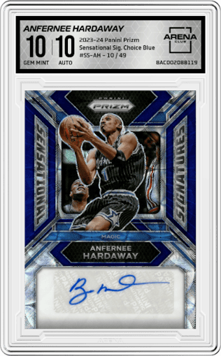 Anfernee Hardaway from the 2023-24 Panini Prizm set featuring a Choice Blue parallel graded by Arena Club and given an overall grade of 10.