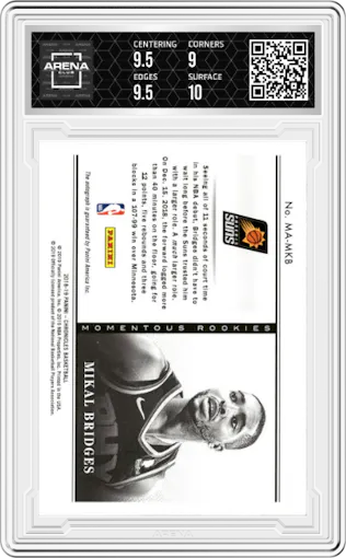 Mikal Bridges from the 2018-19 Panini Chronicles set featuring a Gold parallel graded by Arena Club and given an overall grade of 9.5.