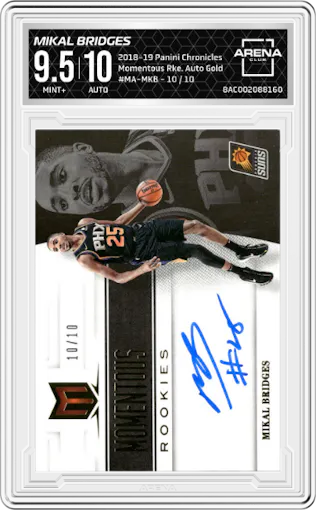 Mikal Bridges from the 2018-19 Panini Chronicles set featuring a Gold parallel graded by Arena Club and given an overall grade of 9.5.
