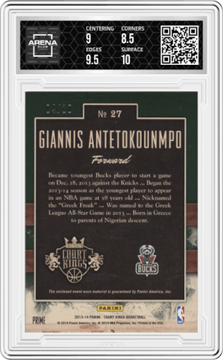 Giannis Antetokounmpo from the 2013-14 Panini Court Kings set featuring a Patch parallel graded by Arena Club and given an overall grade of 9.