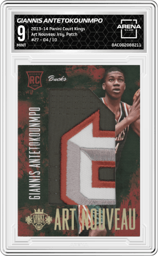 Giannis Antetokounmpo from the 2013-14 Panini Court Kings set featuring a Patch parallel graded by Arena Club and given an overall grade of 9.