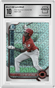 Elly De La Cruz from the 2022 Bowman Chrome Mega Box set graded by Arena Club and given an overall grade of 10.