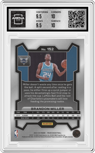 Brandon Miller from the 2023-24 Panini Prizm set graded by Arena Club and given an overall grade of 10.