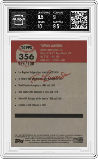 Tommy Lasorda from the 2022 Topps Chrome Platinum Anniversary set featuring a Red Atomic Refractor parallel graded by Arena Club and given an overall grade of 9.