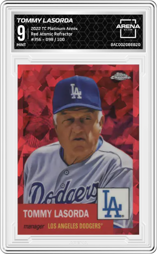 Tommy Lasorda from the 2022 Topps Chrome Platinum Anniversary set featuring a Red Atomic Refractor parallel graded by Arena Club and given an overall grade of 9.