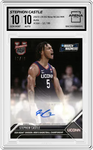 Stephon Castle from the 2023-24 Bowman U Now NCAA March Madness set graded by Arena Club and given an overall grade of 10.