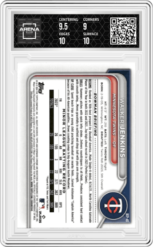 Walker Jenkins from the 2024 Bowman set featuring a Lunar Glow Refractors parallel graded by Arena Club and given an overall grade of 9.5.