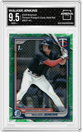 Walker Jenkins from the 2024 Bowman set featuring a Lunar Glow Refractors parallel graded by Arena Club and given an overall grade of 9.5.