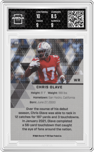 Chris Olave from the 2021 Super Glow set featuring a Gold Foil parallel graded by Arena Club and given an overall grade of 9.