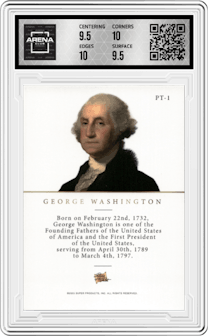 George Washington from the 2023 Pieces of the Past Historical Premium Edition set featuring a Reflective Mirror parallel graded by Arena Club and given an overall grade of 10.